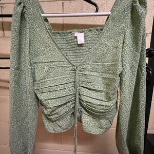 H&M Green Ruched Floral Blouse